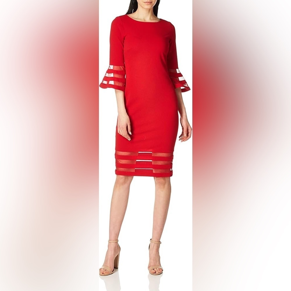 NWT Calvin Klein Mesh Illusion-trim Bell Sleeve Scuba Crepe Sheath Dress Red 18W - Picture 1 of 10